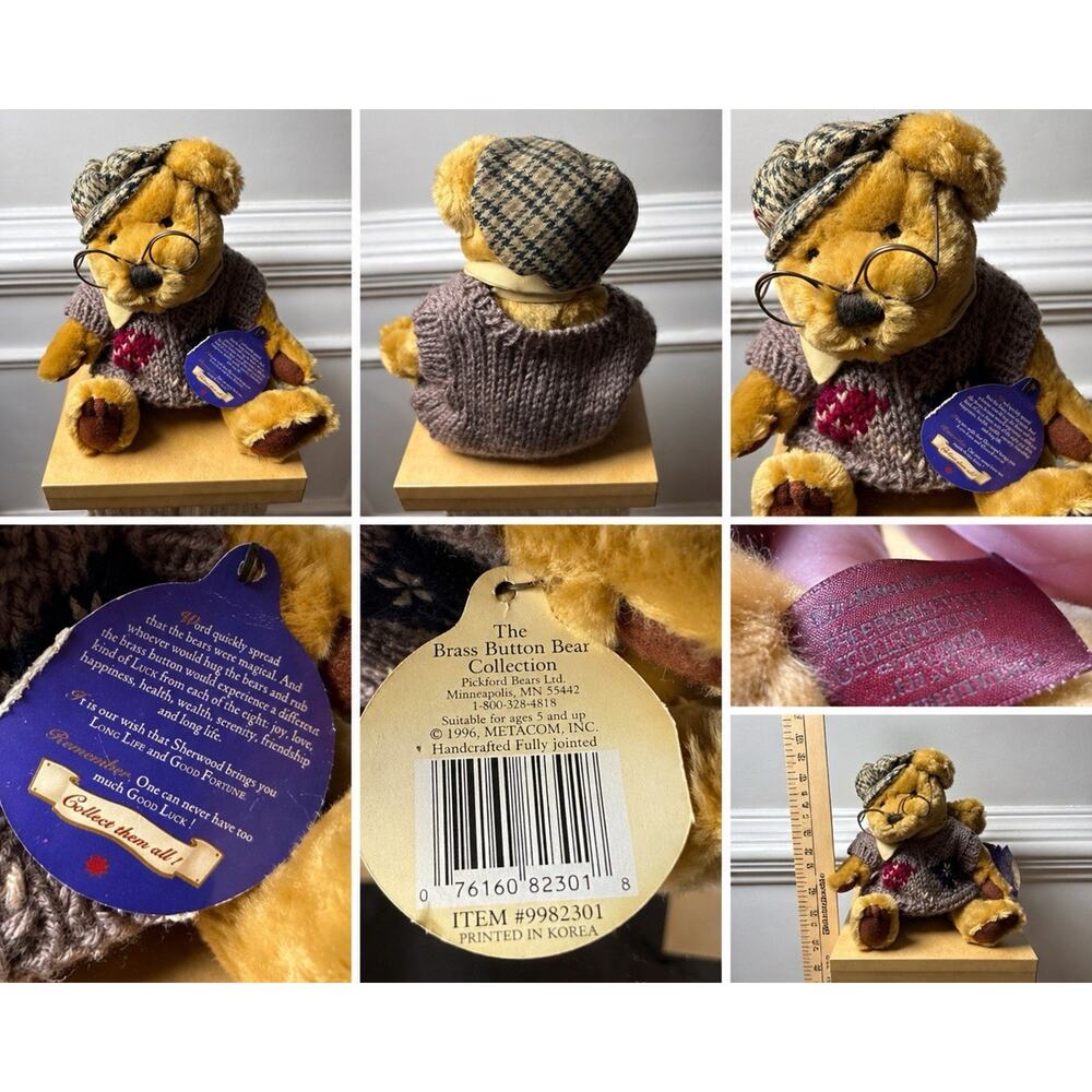Vintage 1996 Sherwood Brass Button Bear Jointed Plush Sweater Glasses Tag